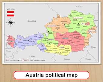 Printable Austria political map Travel plans School supplies digital download