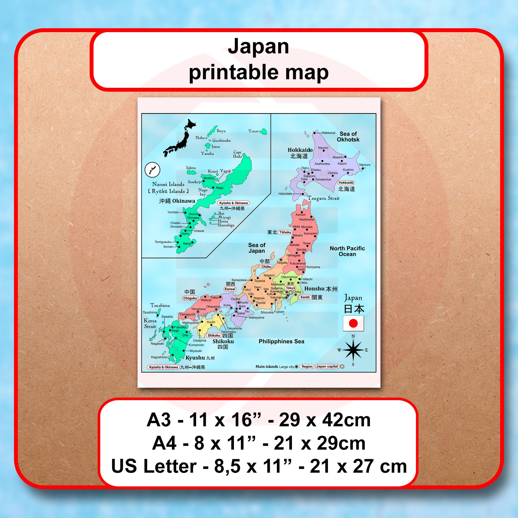 Printable Japan Political Map JPG Study Travel Plans Wall Art