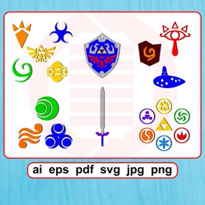 Puede incluir: Una colección de gráficos vectoriales coloridos con símbolos icónicos de una popular serie de videojuegos. Incluye un escudo azul, una espada plateada con empuñadura morada y varios emblemas en naranja, verde, amarillo y azul. También contiene el texto "ai eps pdf svg jpg png".