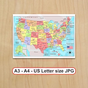 印刷可能なアメリカ合衆国地図（米国政治地図）トラベルスクール向けデジタルダウンロード