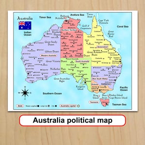 Afdrukbare politieke kaart van Australië Reisplannen in kleur afgedrukt Schoolstudie digitale download