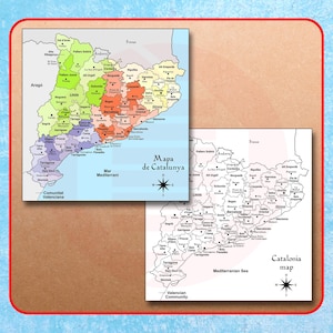 Druckbare Landkarte Spanien Katalonien Region Landkarte politische Landkarte spanische Farbe Reisekarte Wohnkultur Schule Klassenzimmer Wandkunst digitaler Download