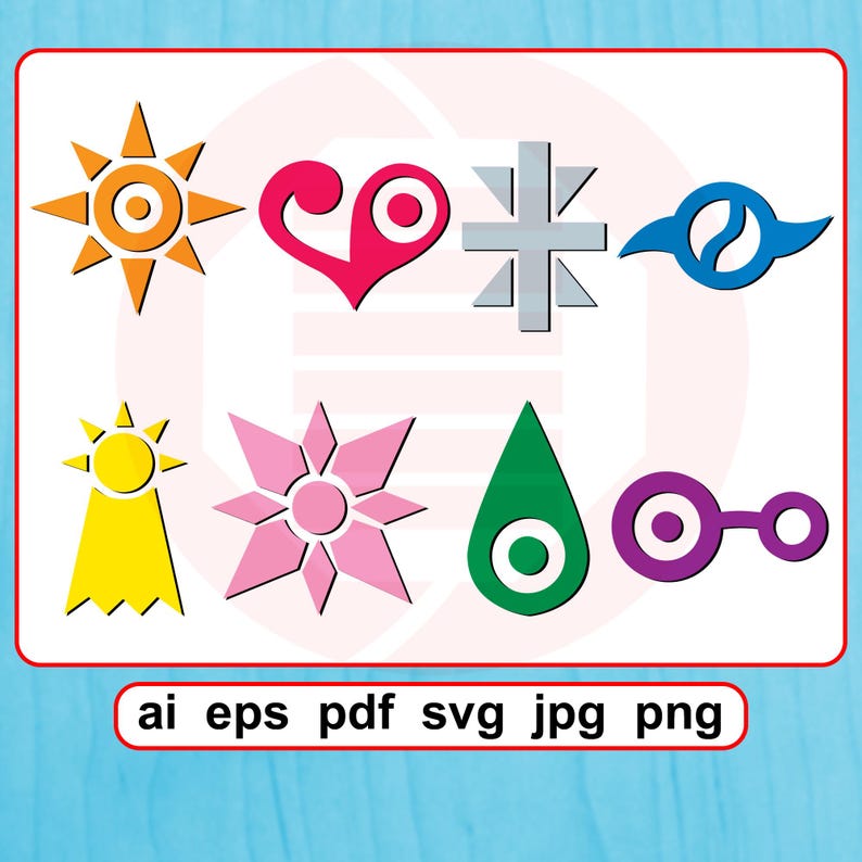 K&ouml;nnte beinhalten: Eine Sammlung von acht farbenfrohen digitalen Kunstsymbolen, darunter Sonne, Herz, Kreuz, Wirbel, Band, Blume, Tropfen und verbundene Kreise. Der Text "ai eps pdf svg jpg png" ist ebenfalls enthalten, der Dateiformate angibt.