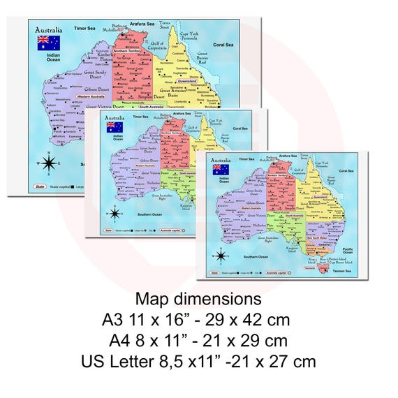 印刷可能なオーストラリアの政治地図 旅行計画 カラー印刷 学校学習用