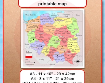 Printable Poland political map color blank Polish provinces country travel plans journal Digital download