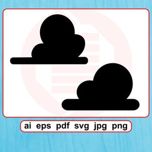 Könnte beinhalten: Zwei schwarze Wolkengrafiken mit flacher Basis und abgerundeter Oberseite. Das Bild enthält unten den Text "ai eps pdf svg jpg png", der Dateiformatoptionen angibt. Die Wolken sind einfache, kräftige Formen.