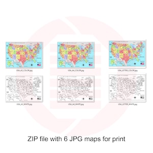May include: A collection of six JPG maps of the USA, available for print. The maps include color and black and white versions, labeled USA_A3, USA_A4, and USA_LETTER. The text "ZIP file with 6 JPG maps for print" is at the bottom.