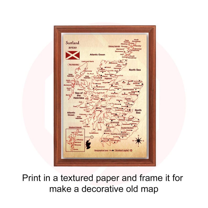 May include: Framed map of Scotland with a brown wooden frame. The map is in shades of brown and red, with text indicating areas, cities, and bodies of water. The text at the bottom reads: "Print in a textured paper and frame it for make a decorative old map."