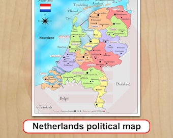 May include: A colorful political map of the Netherlands featuring labeled provinces, cities, and the national flag. The map includes a compass rose, the Noordzee, and surrounding countries like Belgie and Duitsland, with a legend at the bottom.
