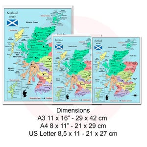 May include: Three framed maps of Scotland, each displaying the country's regions in various colors. The maps include the Scottish flag and geographical labels. Dimensions are provided: A3 (11 x 16 inches), A4 (8 x 11 inches), and US Letter (8.5 x 11 inches).