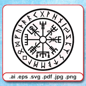 Puede incluir: Ilustración en blanco y negro de una brújula con un diseño circular. La brújula presenta un círculo central con ocho puntos que irradian hacia afuera. Los puntos están decorados con varios símbolos y runas. El círculo exterior está inscrito con el texto "F.A.F.R.X.P.N.X.I.E.S.S.Y.V.W.W.A.V.S."