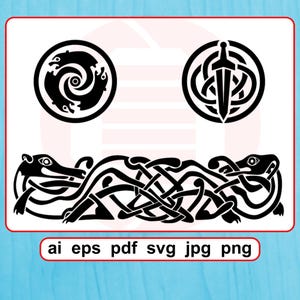 Peut inclure: Motifs de n&oelig;uds celtiques noirs. L'image pr&eacute;sente deux motifs circulaires avec des motifs d'animaux et d'&eacute;p&eacute;es, et une longue bordure entrelac&eacute;e de n&oelig;uds avec des t&ecirc;tes d'animaux &agrave; chaque extr&eacute;mit&eacute;. L'image comprend &eacute;galement des options de type de fichier&nbsp;: ai eps pdf svg jpg png.