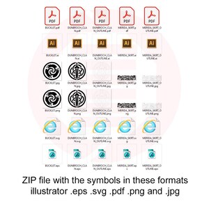 Peut inclure: Une collection de fichiers num&eacute;riques dans divers formats, notamment PDF, AI, JPG, PNG, EPS et SVG. Les fichiers pr&eacute;sentent des symboles et des motifs graphiques, avec du texte indiquant les types de fichiers et une description du contenu. L'image est une repr&eacute;sentation visuelle d'actifs de conception num&eacute;rique.