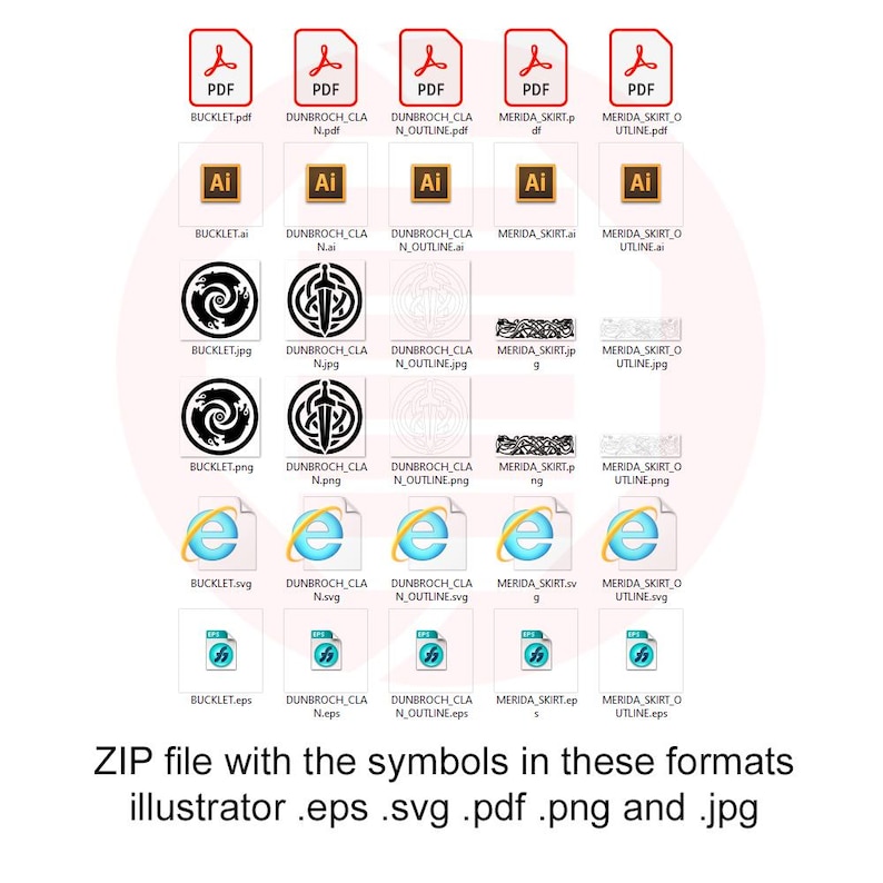 Peut inclure: Une collection de fichiers num&eacute;riques dans divers formats, notamment PDF, AI, JPG, PNG, EPS et SVG. Les fichiers pr&eacute;sentent des symboles et des motifs graphiques, avec du texte indiquant les types de fichiers et une description du contenu. L'image est une repr&eacute;sentation visuelle d'actifs de conception num&eacute;rique.