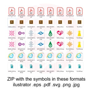 K&ouml;nnte beinhalten: Eine Sammlung digitaler Dateien in verschiedenen Formaten, darunter PDF, AI, JPG, PNG, SVG und EPS. Die Dateien zeigen farbenfrohe Symbole und sind in einem ZIP-Archiv organisiert, mit dem Text "ZIP with the symbols in these formats illustrator .eps .pdf .svg .png .jpg".