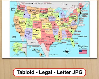 Printable USA political map US paper size JPG United States of America Digital download