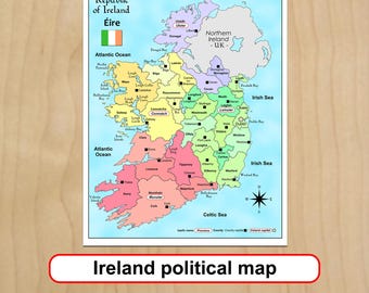 Ireland political map wall art print Irish Travel plans School study Digital download