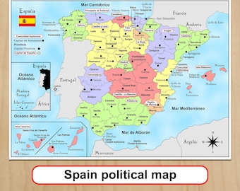 Printable Spain political map print Spanish map Travel plans School Digital download