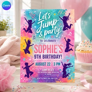 May include: A rectangular birthday party invitation card featuring a vibrant watercolor background in shades of blue, pink, and yellow. The text reads Let's Jump & party TO CELEBRATE SOPHIE'S 9TH BIRTHDAY! AUGUST 22 3 PM JUMP PLACE 654 MEADOW LANE, BRIGHTON KY 40218.