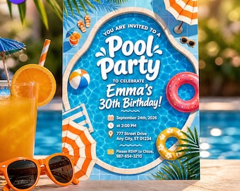 Invitación de cumpleaños para adultos con temática de piscina, plantilla de invitación con temática veraniega retro para fiestas de natación, fiesta de cumpleaños número 30 para mujer, descarga de Canva C150