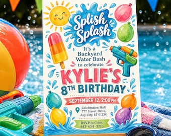Invitación de cumpleaños con temática de salpicaduras de agua en acuarela, plantilla de invitación para fiesta acuática en el jardín, fiesta infantil con pistolas de agua y globos de agua, descarga en Canva C039