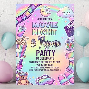 May include: A colorful movie night and pajama party invitation with balloons. The invitation features illustrations of popcorn, a film strip, a clapperboard, and other party-themed graphics. The text reads "Join us for a Movie Night & Pajama Party."
