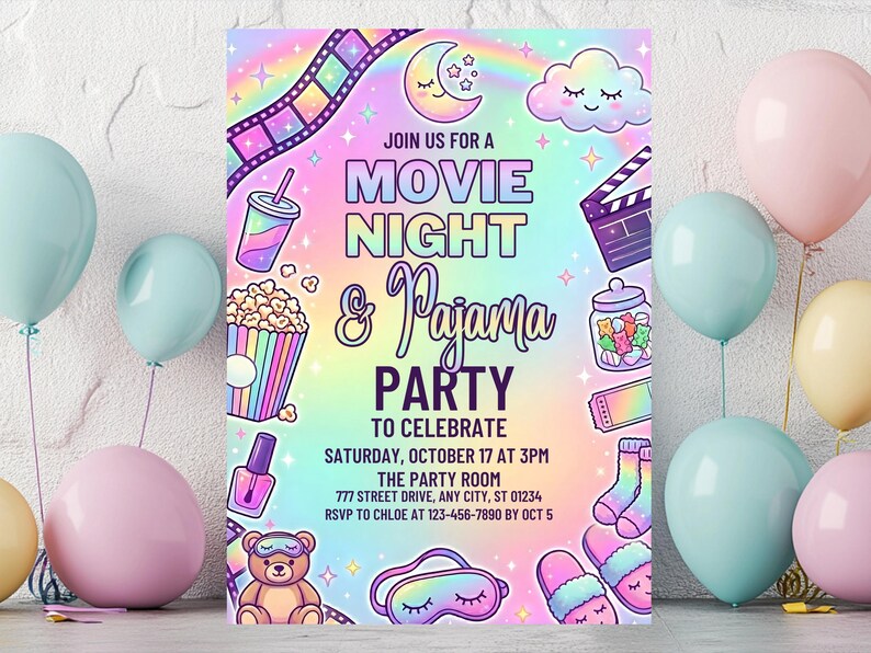 May include: A colorful movie night and pajama party invitation with balloons. The invitation features illustrations of popcorn, a film strip, a clapperboard, and other party-themed graphics. The text reads "Join us for a Movie Night & Pajama Party."