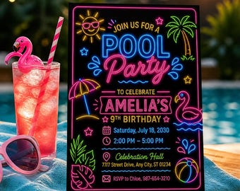 プールパーティー誕生日招待状、ネオングローナイトスイムスプラッシュ招待状テンプレート、暗闇で光るパーティー、セルフ編集CanvaダウンロードC005