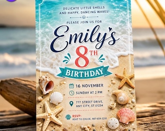 Beach Birthday Invitation, Coastal Sea Shells Template, Emily 8th Birthday Ocean Wave Sand Summer Bash, Canva Download C280