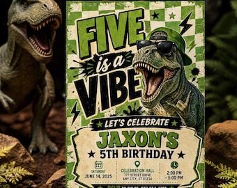 Groovy Five is a Vibe Birthday Invitation, Boy Dinosaur T-Rex Green Checkered Theme Invite Template, Kids 5th Birthday, Canva Download C114