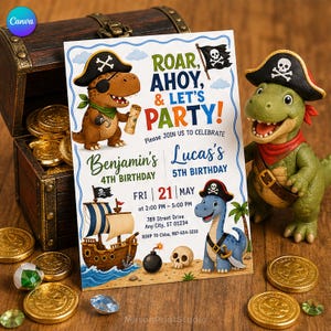 Pode incluir: Um cartão de convite de aniversário retangular com um T-Rex pirata castanho com tapa-olho e um dinossauro pirata azul. O texto diz: ROAR, AHOY, & LET'S PARTY! Benjamin's 4th Birthday, Lucas's 5th Birthday, Fri 21 May, 2:00 PM - 5:00 PM.