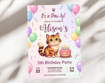 It's a Paw-ty Cat Birthday Invitation, Cute Kitten 5th Birthday Invite, Kids Pastel Balloon Party Card, Girl Meow, Canva Template A1761