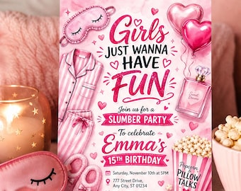 Invitación a fiesta de pijamas rosa, plantilla para noche de pijamas de chicas, fiesta de cumpleaños número 15 para adolescentes, zapatillas de palomitas de maíz (descarga en Canva C084)