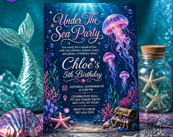 Under the Sea Party Invitation, Glow Jellyfish Template, Chloe 5th Birthday Deep Sea Treasure Chest Bash, Canva Download C294