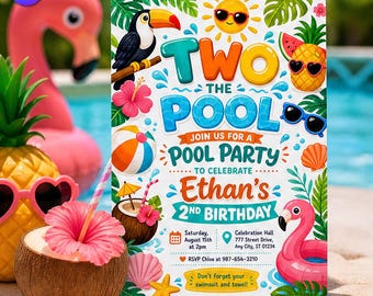 Invitación de cumpleaños con temática de piscina para niños, plantilla de invitación con temática tropical de verano, fiesta de cumpleaños número 2 de Ethan, descarga de Canva C163