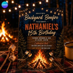 May include: A rectangular invitation card for Nathaniel's 15th Birthday Backyard Bonfire on Saturday, November 14, 2026, at 2:00 PM. The design features a campfire, string lights, and a wooden sign with event details and RSVP to Chloe 987-654-3210.