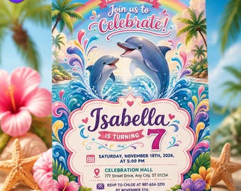 Dolphin Birthday Invitation, Tropical Beach Theme Template, Isabella 7th Birthday Luau Rainbow Splash Bash, Canva Download C281