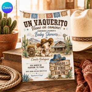 May include: A baby shower invitation card featuring a brown and white calf wearing a cowboy hat, a rustic ranch house, cacti, and a wooden sign. The text reads: UN VAQUERITO VIENE en camino! ACOMPAÑANOS A CELEBRAR EL Baby Shower DE Camila Rodriguez.