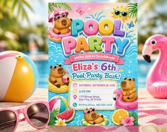 Invitación de cumpleaños con temática de capibara para fiesta en la piscina, plantilla de invitación para fiesta de verano en la piscina para niñas, cumpleaños infantil con temática de capibara, descarga en Canva C055