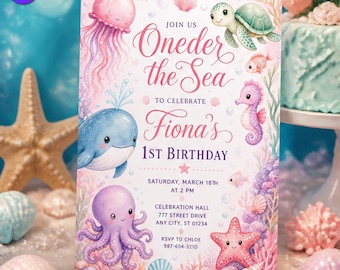 Oneder the Sea 1st Birthday Invitation, Cute Pastel Whale Template, Fiona First Birthday Watercolor Pink Jellyfish, Canva Download C282