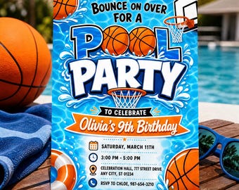 Basketball Pool Party Birthday Invitation, Slam Dunk Summer Splash Invite Template, Kids Sports Swim Party, Self-Edit Canva Download C019