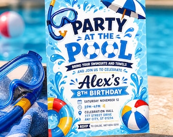 Invitación de cumpleaños para fiesta en la piscina, plantilla de invitación para fiesta de cumpleaños infantil con temática de verano y piscina, tema de pelota de playa y snorkel, descarga en Canva C021