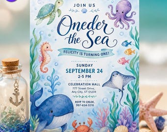Oneder the Sea 1st Birthday Invitation, Cute Ocean Animals Template, Felicity First Birthday Watercolor Whale Ray, Canva Download C277