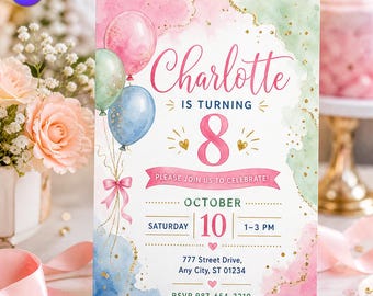 Watercolor Balloons Birthday Invitation, Pastel Agate Geode Template, Charlotte 8th Birthday Pink Ribbon Bow Download C331