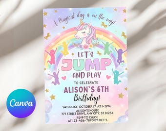 Unicorn Jump Party Invitation, Rainbow Bounce House Invite, Girls Magical Birthday, Pastel Jump Party, Canva Template A1042