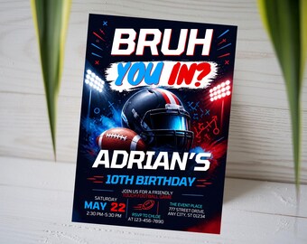 Bruh You In Football Birthday Invitation, Glow Football 10th Birthday Invite, Kids Neon Touchdown Party Card,  Canva Template A1748