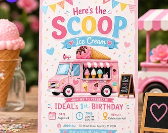Ice Cream Truck Birthday Invitation, Pastel Summer Scoop Template, Ideal First Birthday Sweet Treats Bash, Canva Download C336