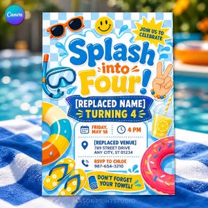May include: A birthday invitation card featuring a light blue checkered background with pool-themed graphics including sunglasses, a snorkel mask, a yellow smiley face, a colorful pool float, a donut float, and yellow flip-flops with text.