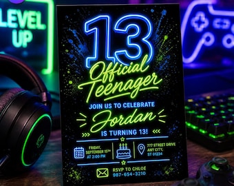 Invitación oficial de cumpleaños número 13 para adolescentes, plantilla de invitación con temática de fiesta nocturna fluorescente, Jordan Thirteen Neon Bash, descarga en Canva C194