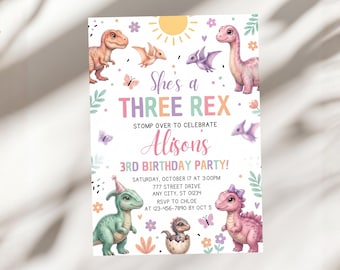 Invitación de cumpleaños para niñas de 3 años con diseño de dinosaurio T-Rex, invitación de dinosaurio rosa pastel, linda tarjeta de fiesta estilo boho con T-Rex, plantilla de Canva SKU A1500
